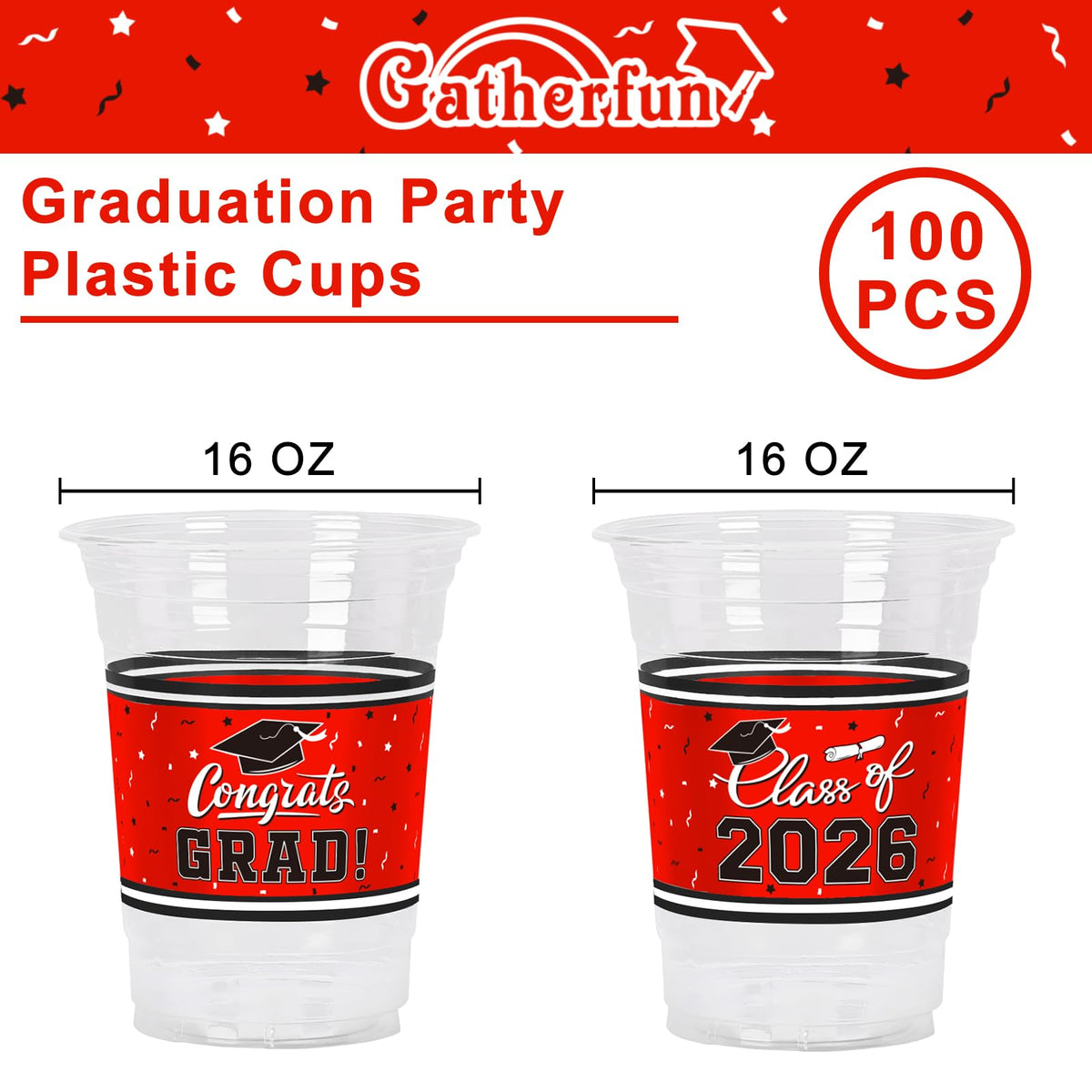 Gatherfun cups featuring congrats grad slogans for party ambiance.