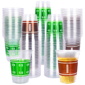 Gatherfun football cups 100-count box ready for game-day drinks and serving.