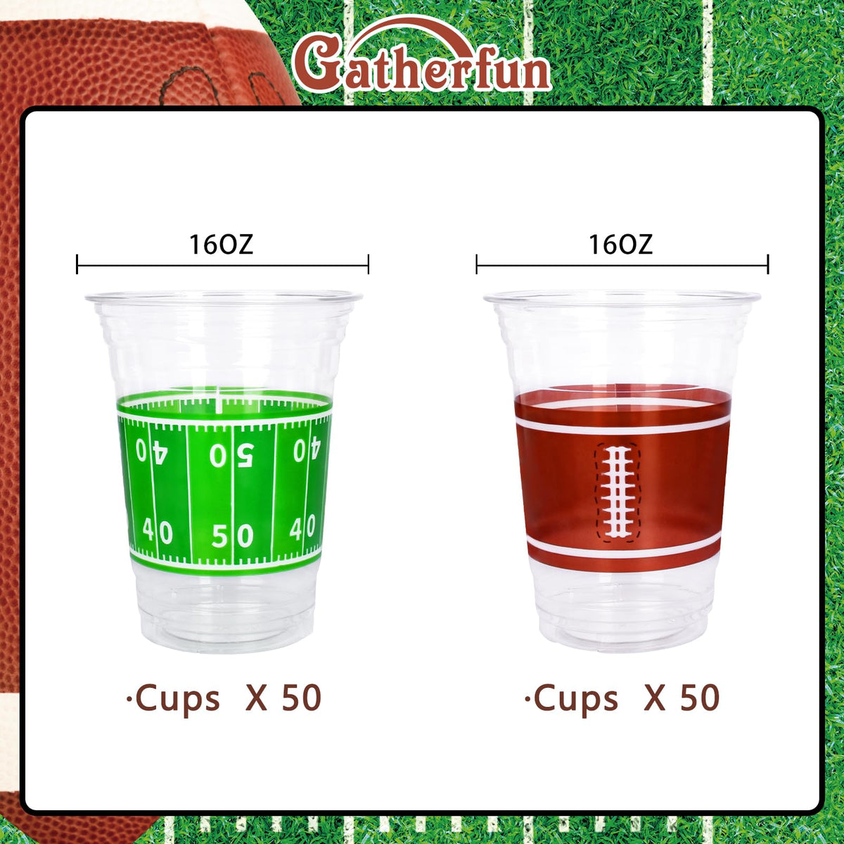Gatherfun 16oz football cups designed for sturdy, convenient beverage service.