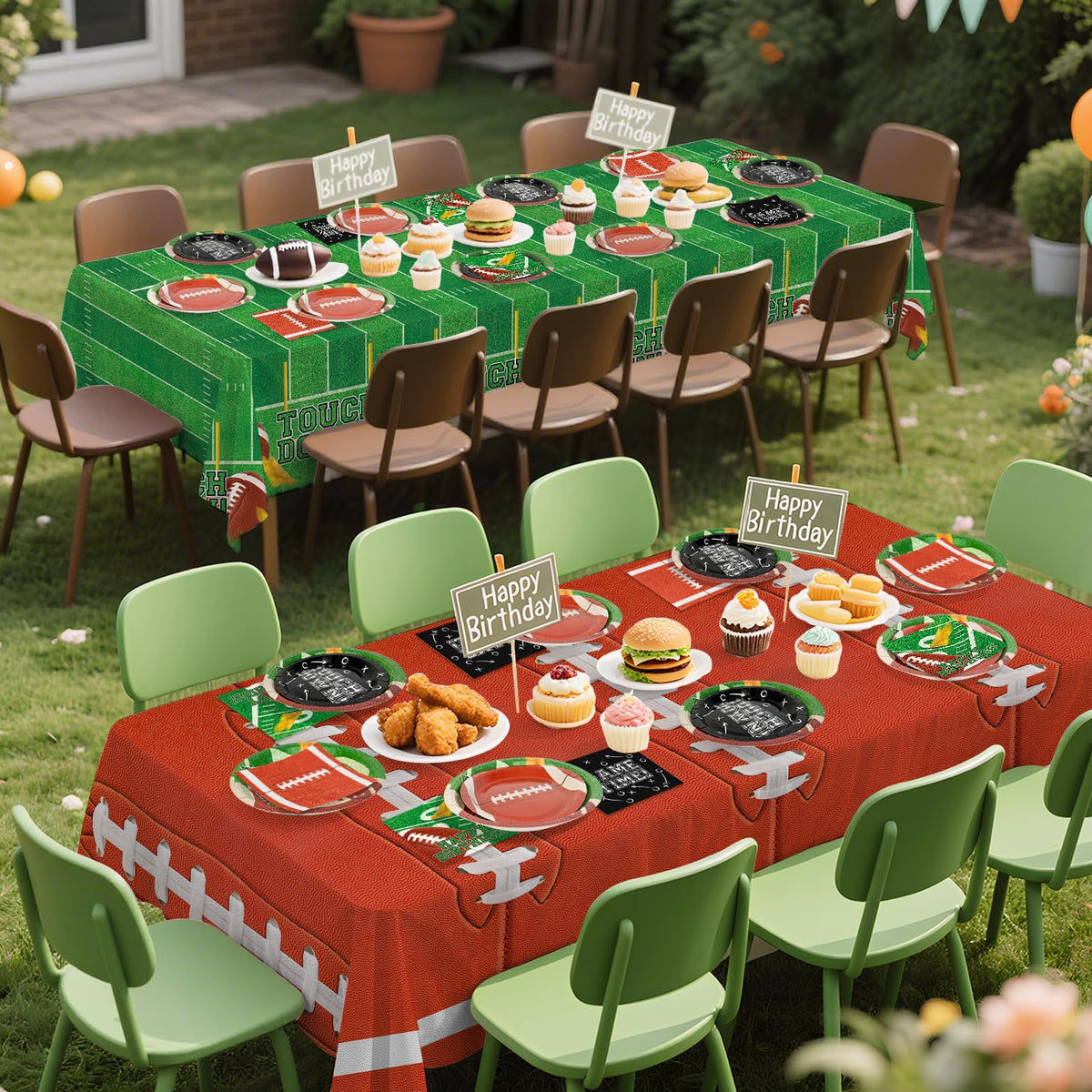 Gatherfun football party decor closeup showcases vibrant accents and easy decorating ideas.