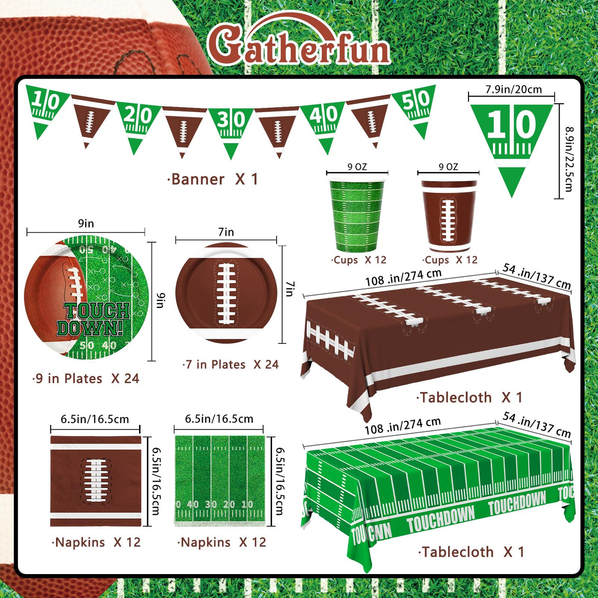 Gatherfun football kit dessert plates with yard-line graphics adding color to treats