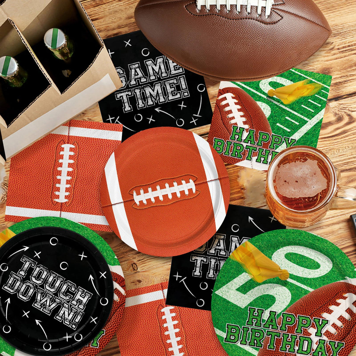 Gatherfun football napkins mix designs help manage spills in a lively celebration.