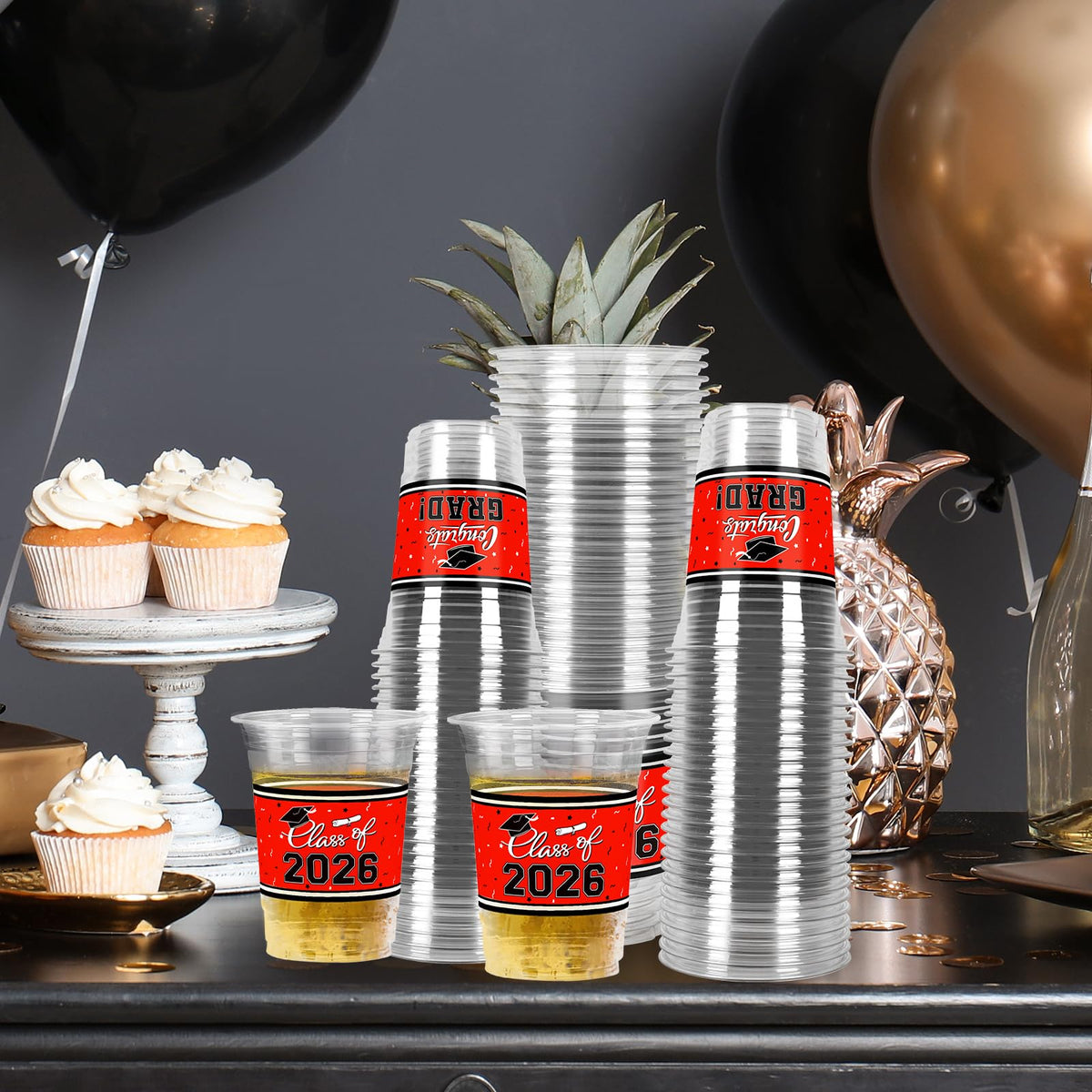 Gatherfun cups with hats and scrolls icons for a classic ceremony vibe.