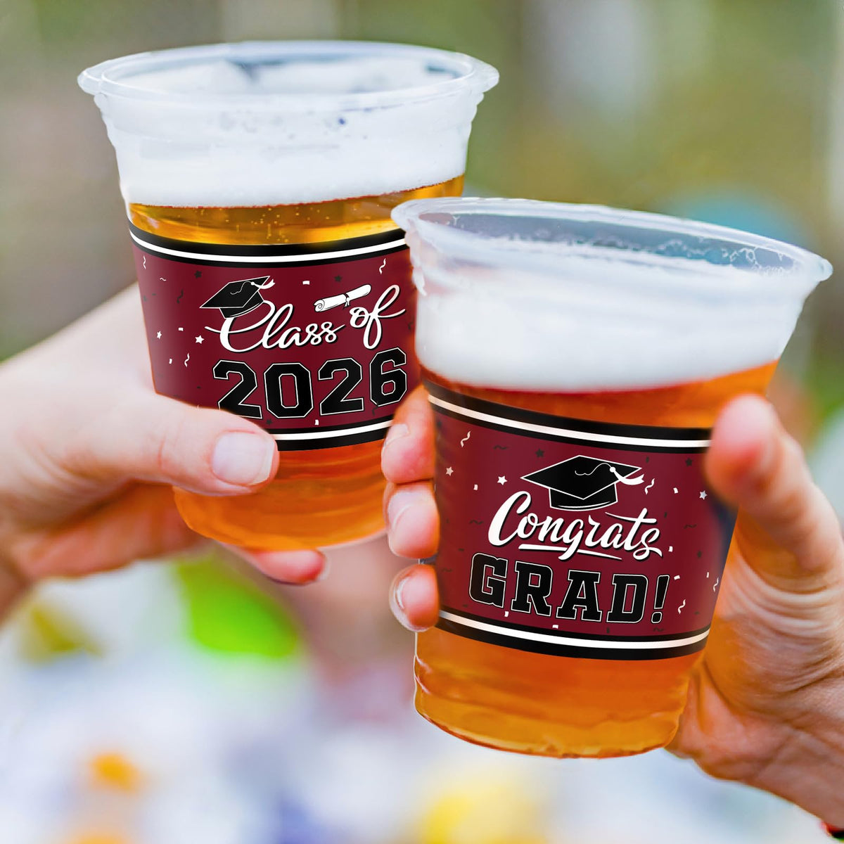 Gatherfun maroon graduation cups branding close-up for table decor.