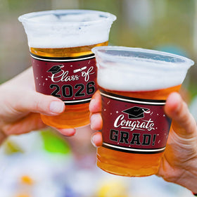 Gatherfun maroon graduation cups branding close-up for table decor.