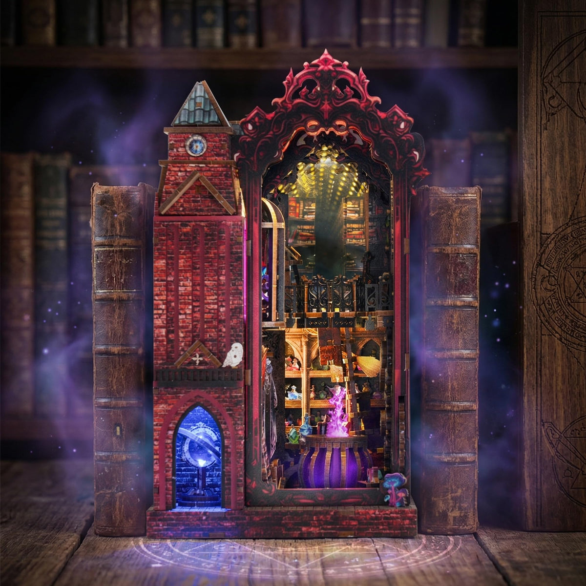 GATTLELIC Book Nook Kit on a desk as a unique bookshelf centerpiece.