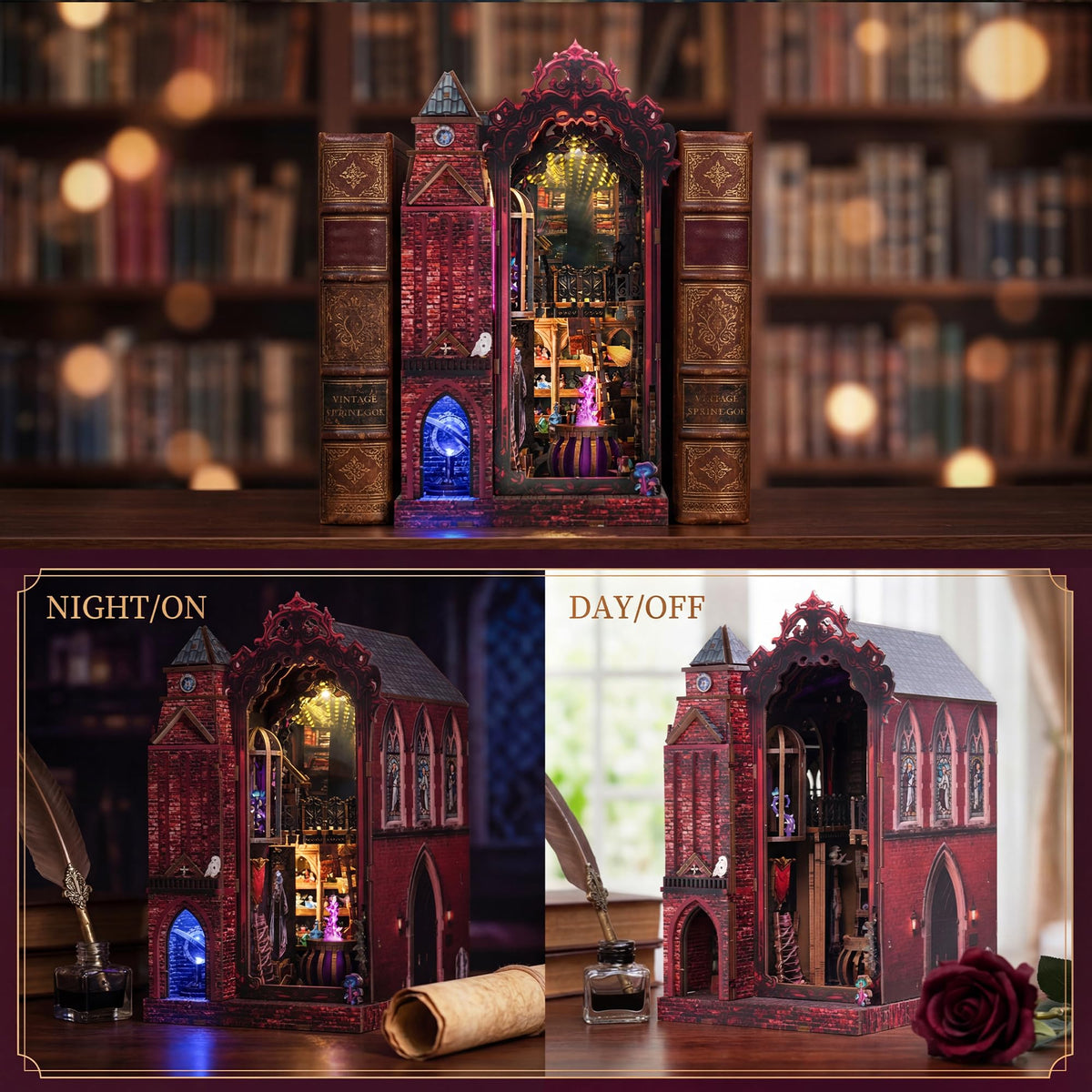 GATTLELIC Book Nook lighting adds mood to a dimly lit shelf scene.