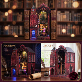 GATTLELIC Book Nook lighting adds mood to a dimly lit shelf scene.