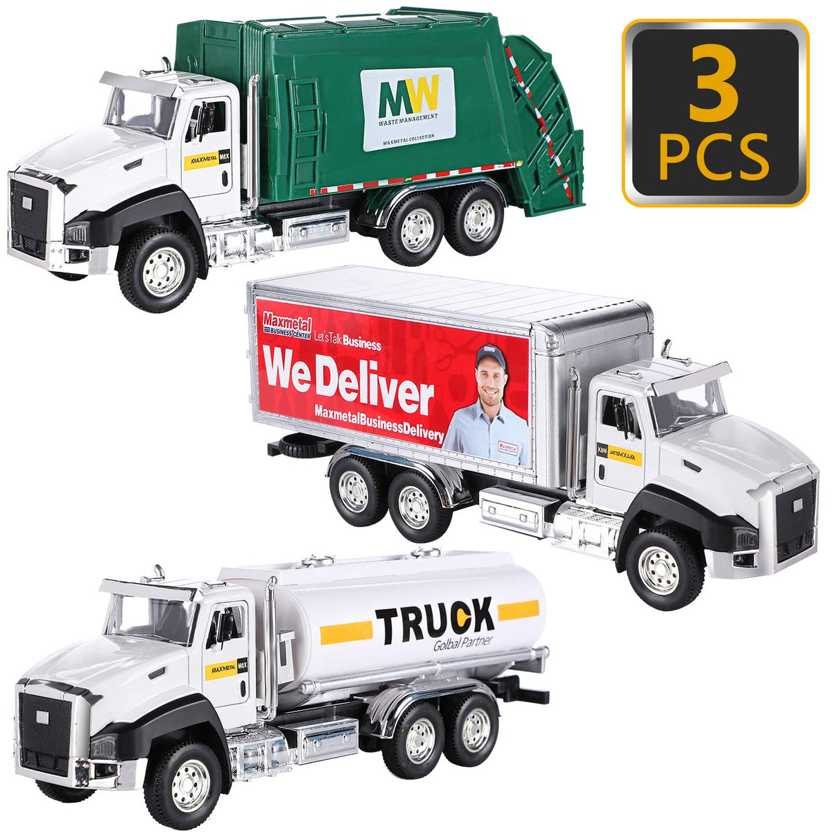 G.C 3-pack diecast garbage truck with rugged alloy body for durable play