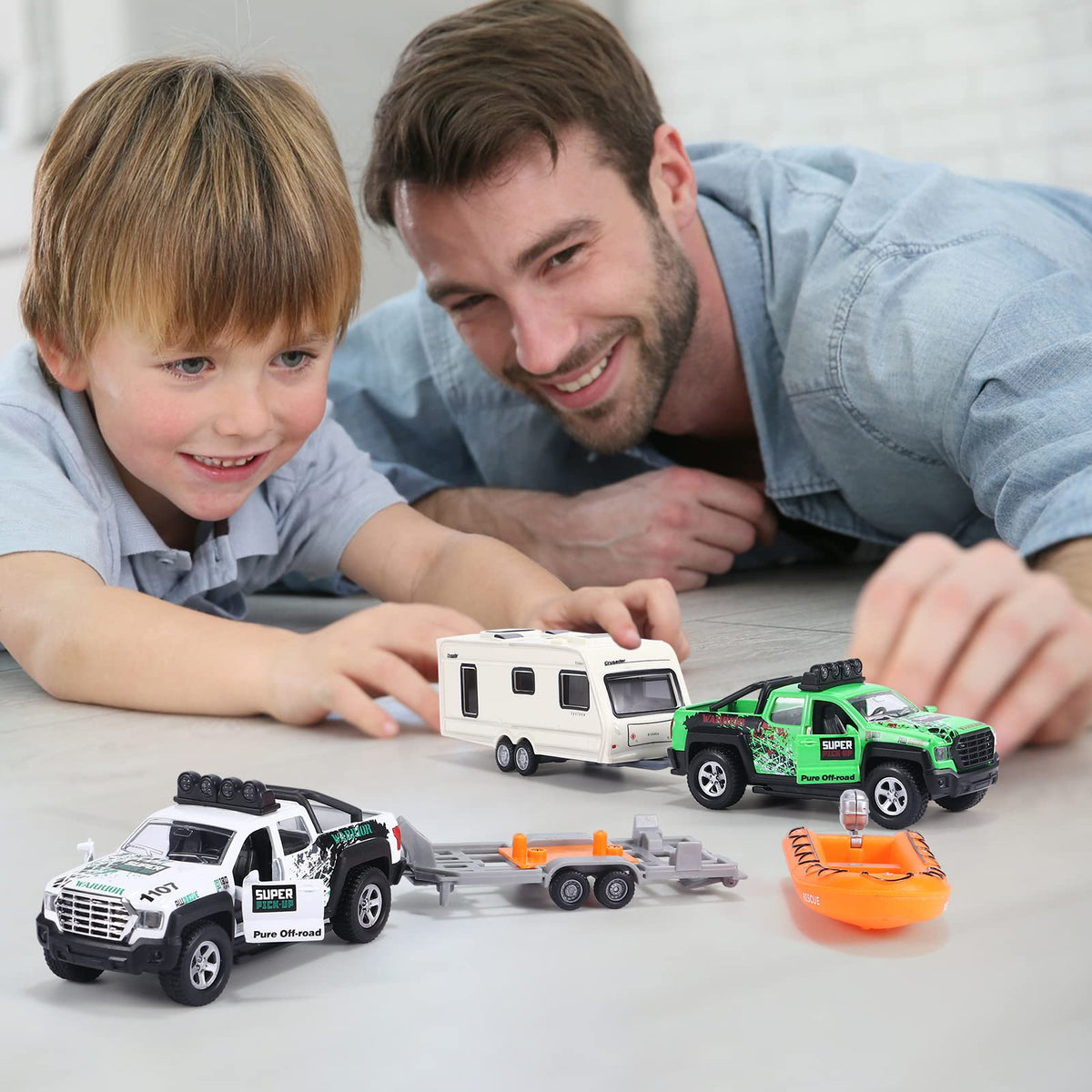 G.C 4 Pack Die-Cast Trucks: durable metal bodies with opening doors for interactive fun.
