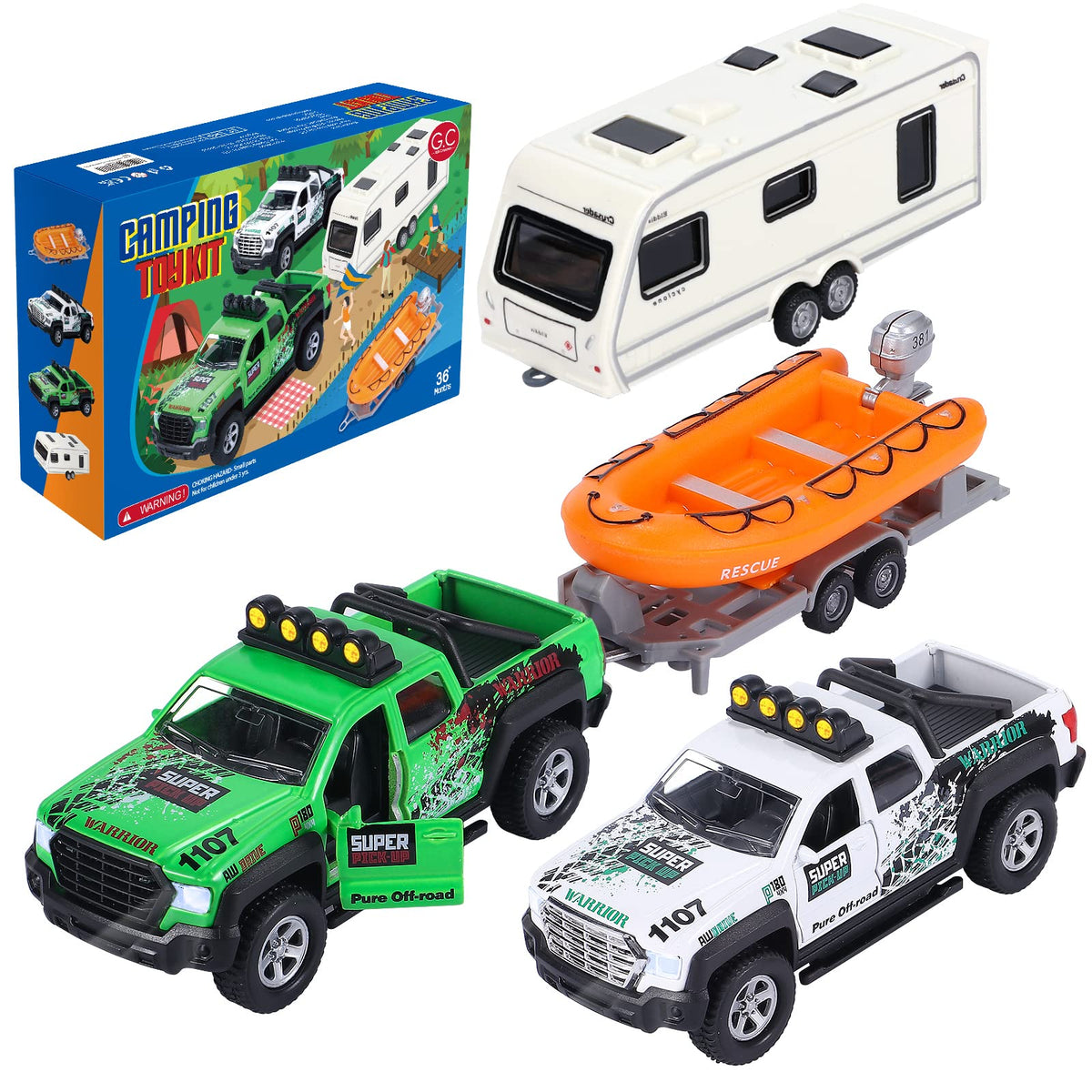 G.C 4 Pack Pickup Truck Trailer Toys: green off-road camper for imaginative play.