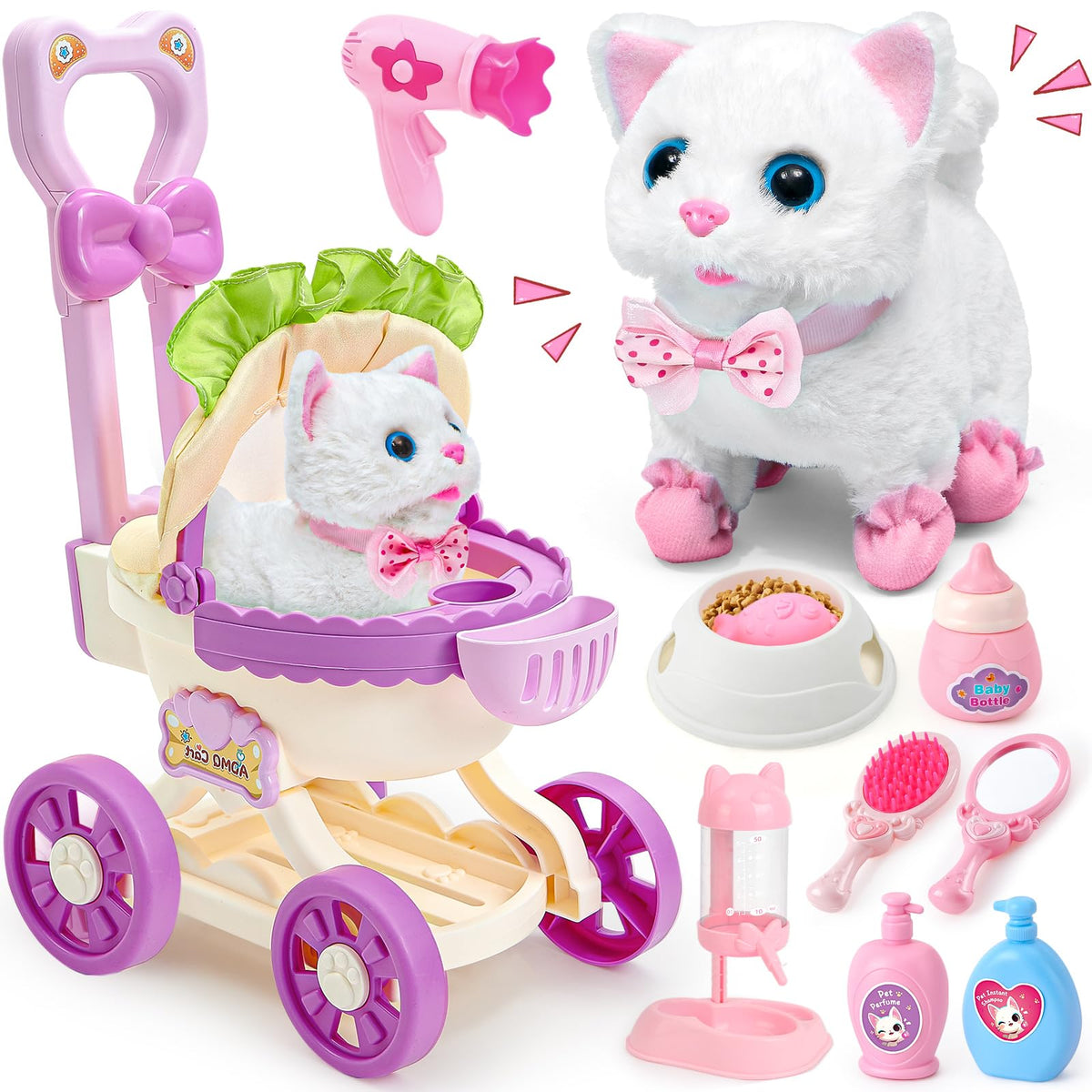 G.C cat toys: cat walks and meows for imaginative play and nurturing.