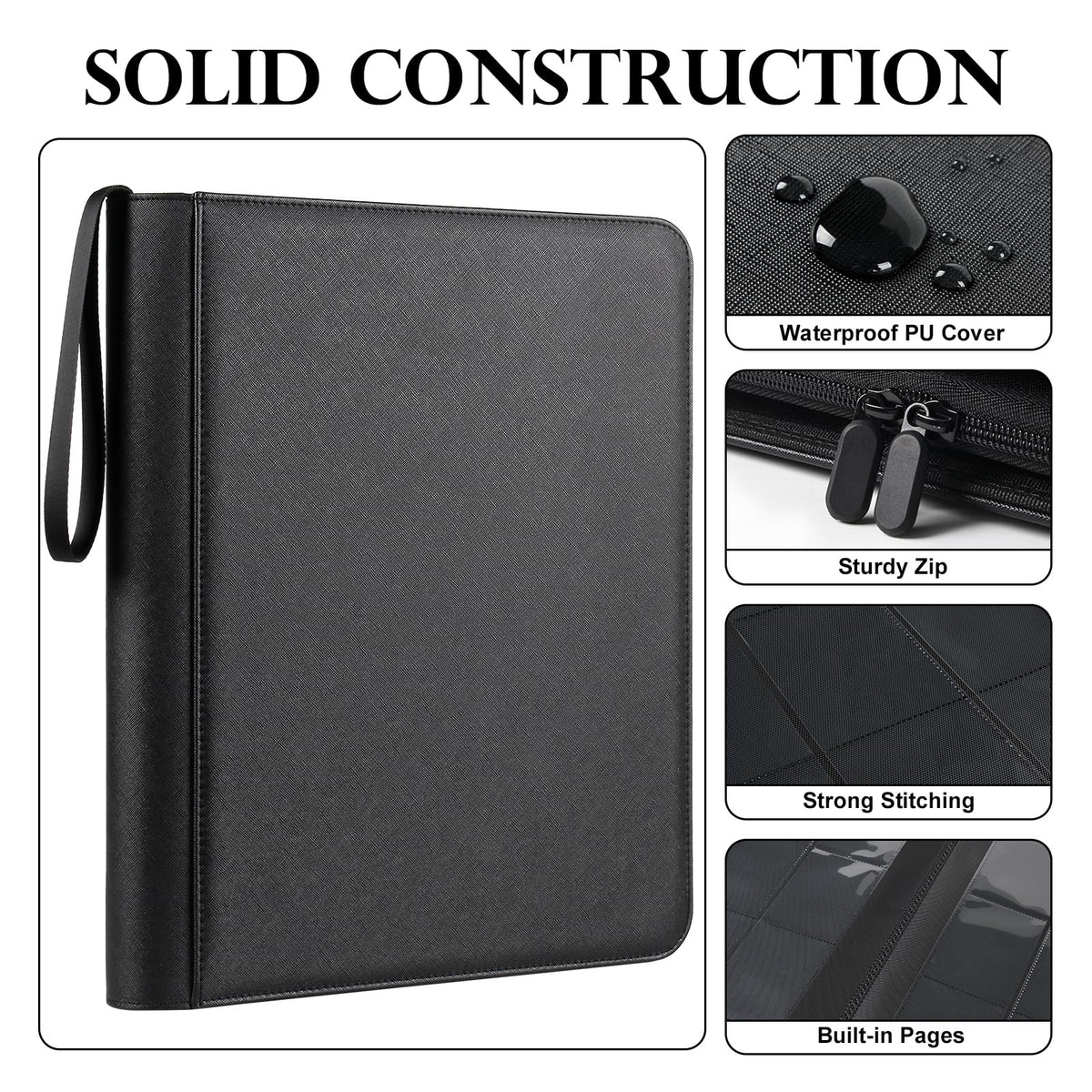 Side-loading pockets on the binder facilitate card insertion.
