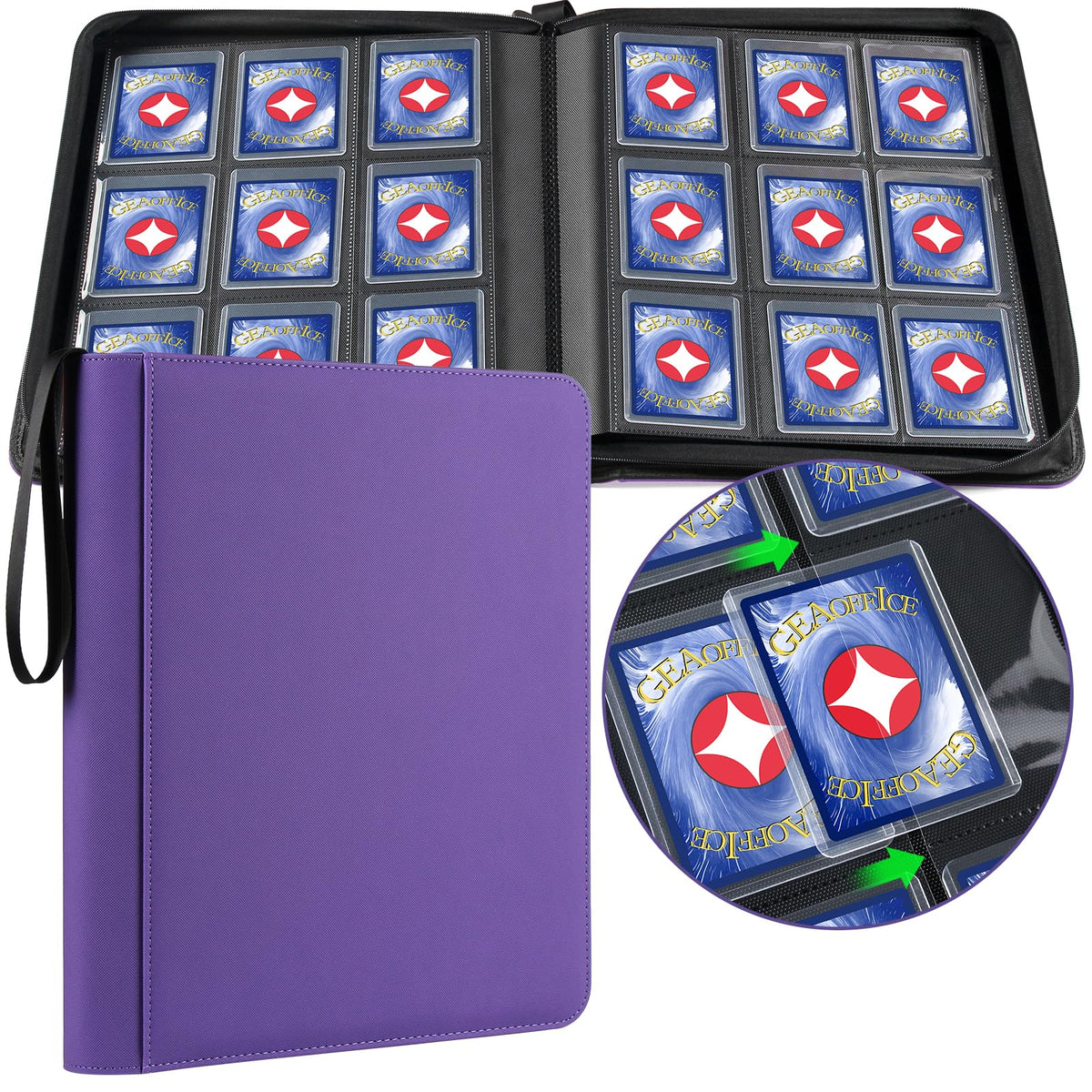 GEAoffice waterproof top loader binder showing 324-card capacity for on-the-go collecting