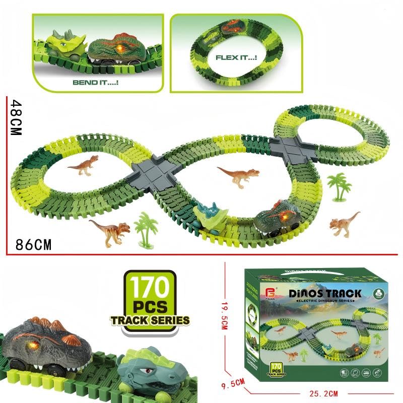 GearVibe dinosaur race track play promoting solo and group play sessions.