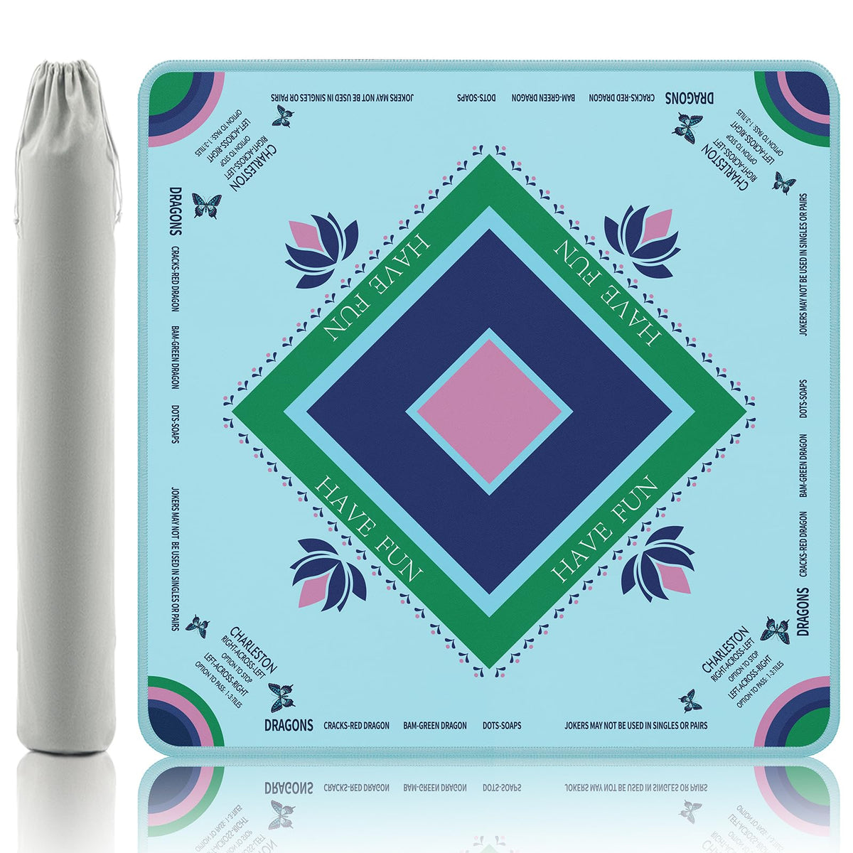 Gedgan turquoise mahjong mat with lotus and butterfly artwork protects surfaces while enhancing game nights.