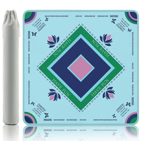 Gedgan turquoise mahjong mat with lotus and butterfly artwork protects surfaces while enhancing game nights.