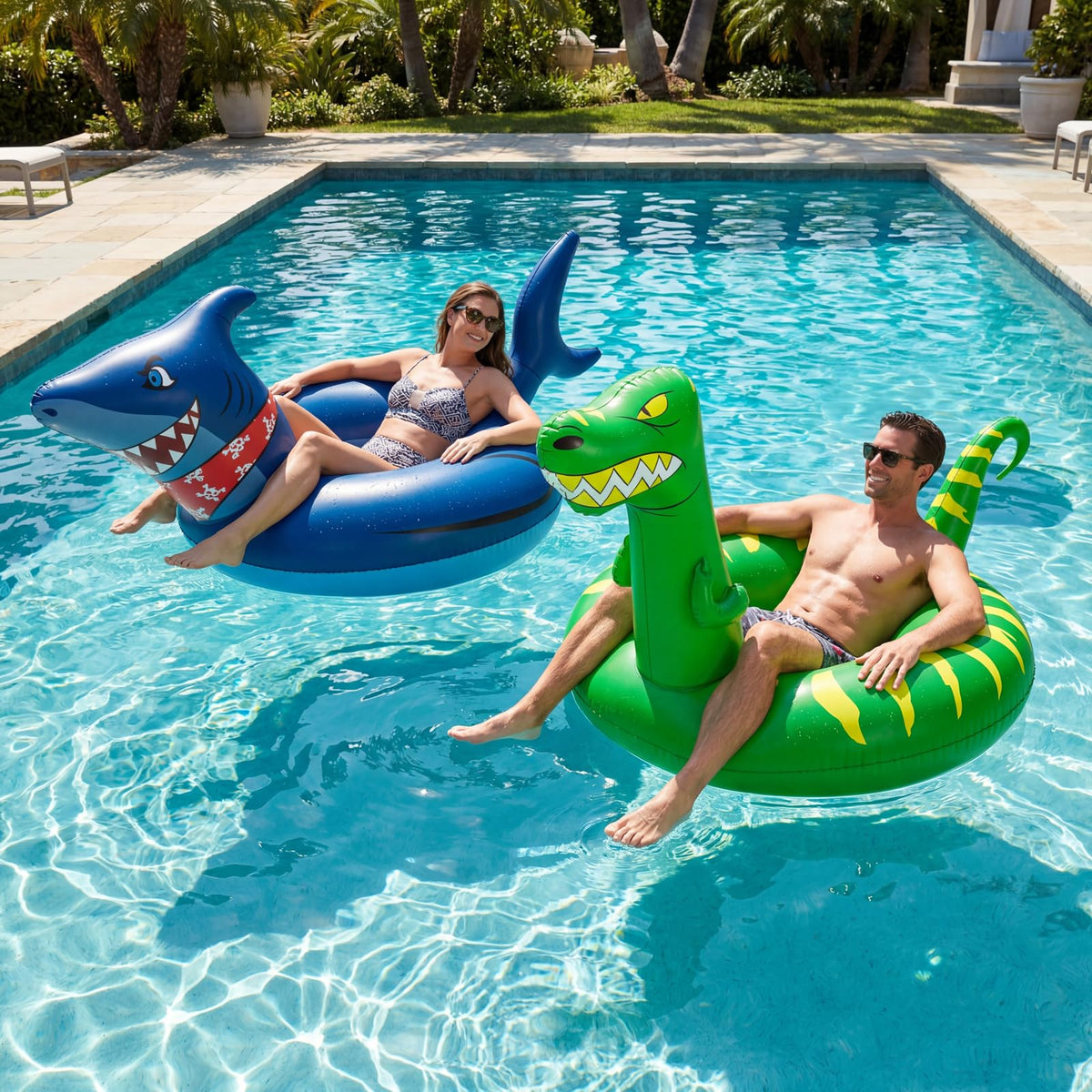 Geefuun dinosaur pool float in use for family-friendly pool time.