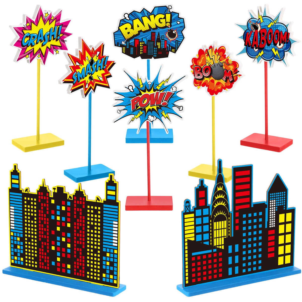 Geelin hero themed wooden table signs as centerpiece accents for a birthday party
