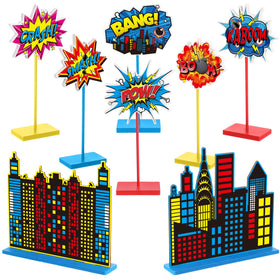Geelin hero themed wooden table signs as centerpiece accents for a birthday party