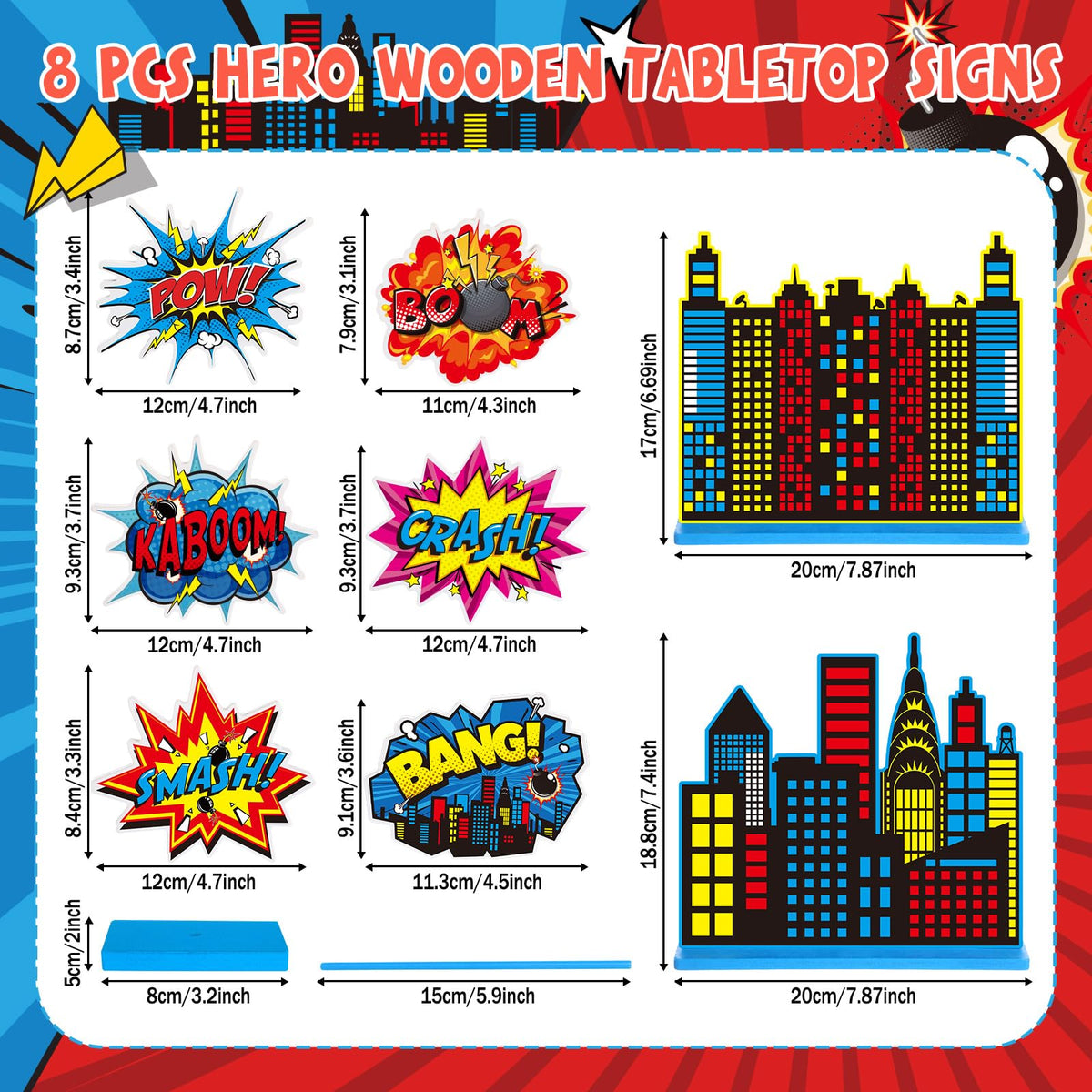 Geelin hero themed wooden table signs with bold phrases energize the party