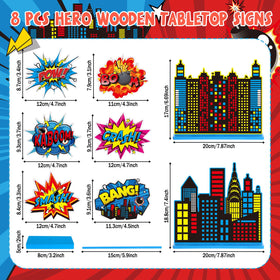 Geelin hero themed wooden table signs with bold phrases energize the party