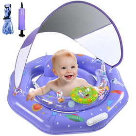 GEEQUFLOAT baby pool float with canopy for shade and secure water play.