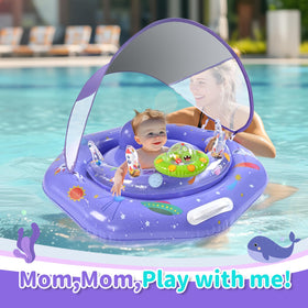 GEEQUFLOAT beeping spaceship toy adds visual play during splash time.