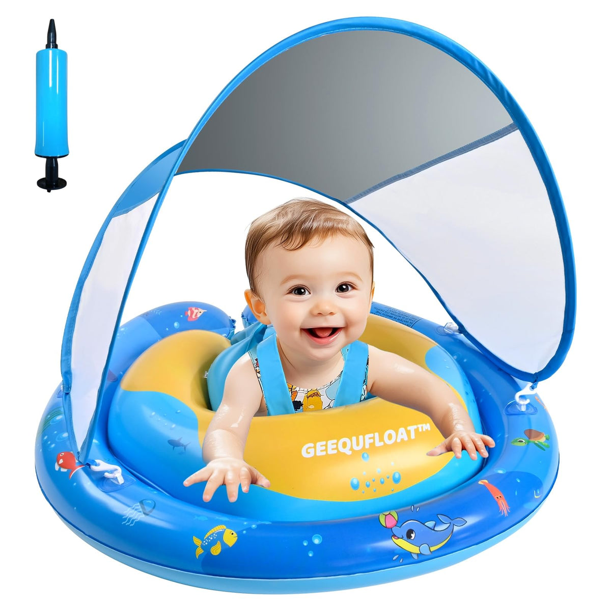 GEEQUFLOAT baby pool float with removable canopy for sun protection.