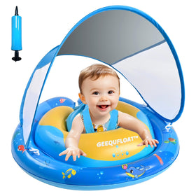 GEEQUFLOAT baby pool float with removable canopy for sun protection.