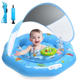 GEEQUFLOAT baby pool float with canopy offering sun protection and comfy support