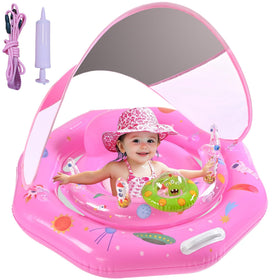 GEEQUFLOAT baby pool float with canopy provides sun protection for toddlers.