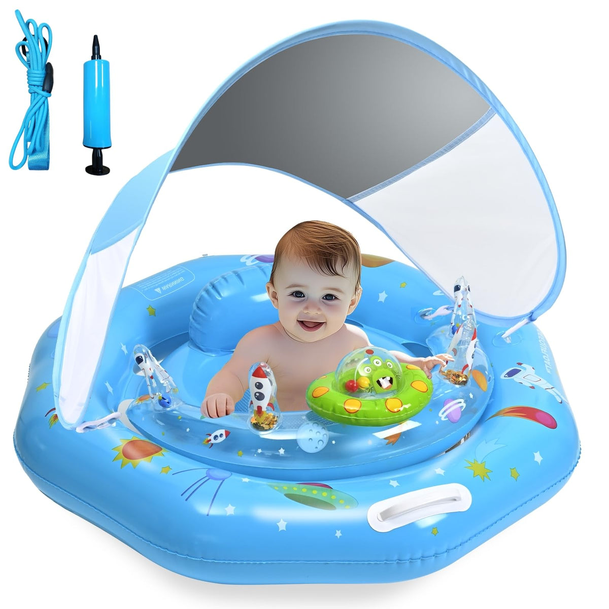 Geequfloat baby pool float with canopy provides shade and secure seating.