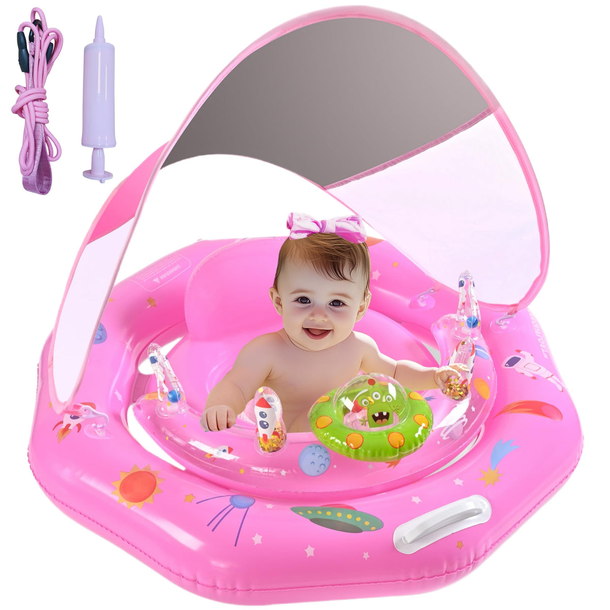 GEEQUFLOAT pink baby pool float with canopy providing shade during sunny pool days
