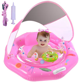 GEEQUFLOAT pink baby pool float with canopy providing shade during sunny pool days