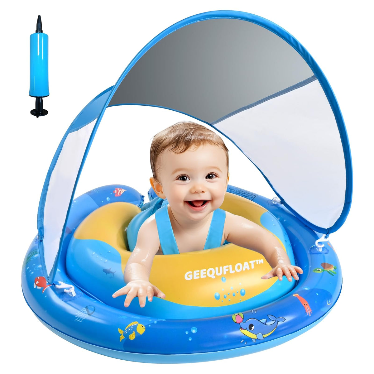 Geequfloat extra-wide toddler pool float with canopy supports sunny outdoor swimming.
