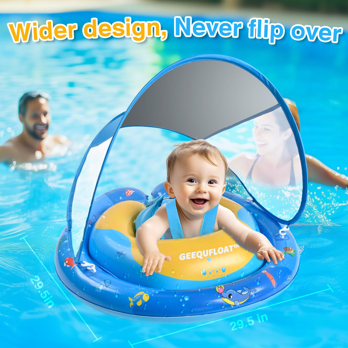 Geequfloat infant swim float with safety belt ensures secure seating.