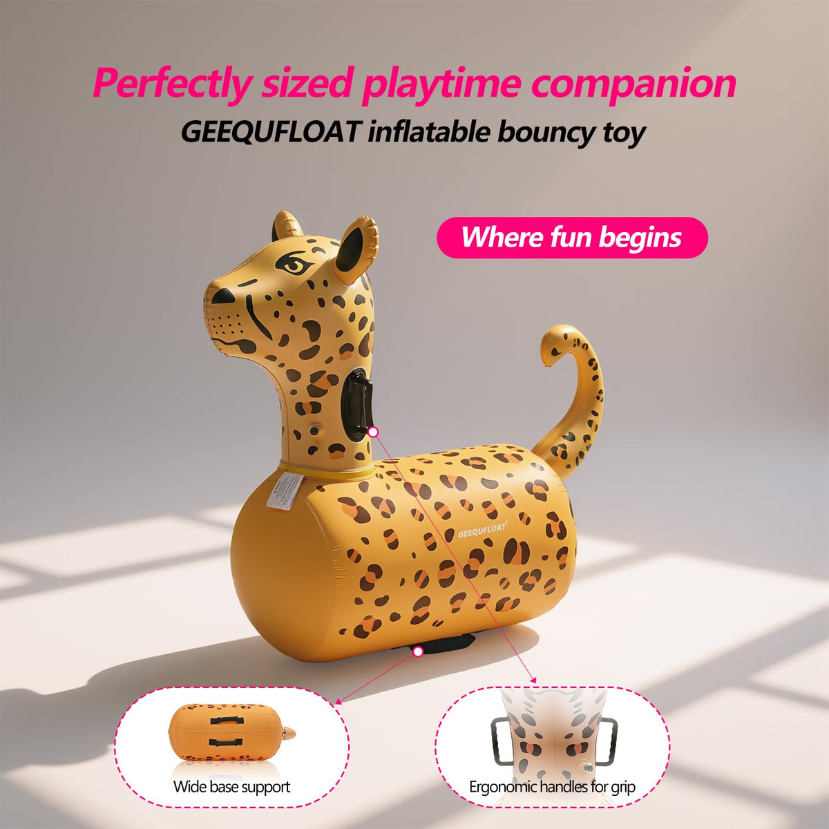 GEEQUFLOAT kids enjoy backyard bounce on leopard-alpaca hopper