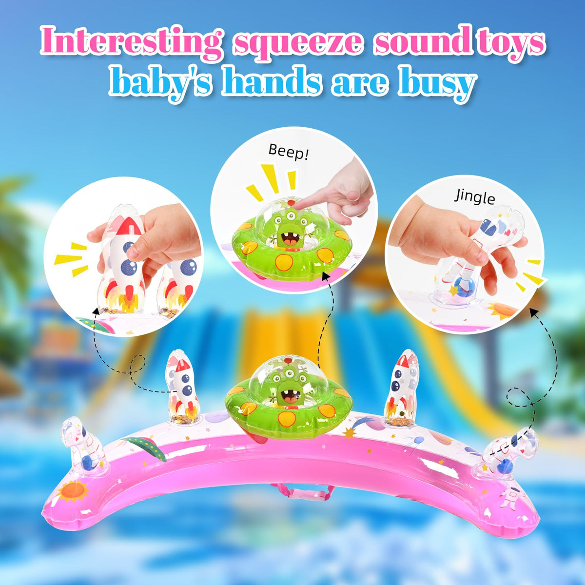 GEEQUFLOAT toy play console with beeped spaceship for interactive water fun.