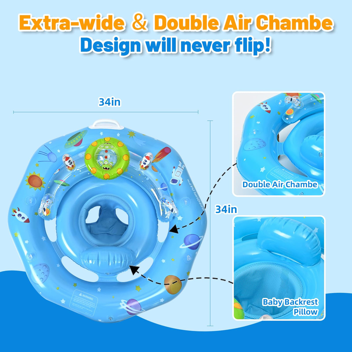 Geequfloat UPF50+ canopy shields the baby's skin from the sun.