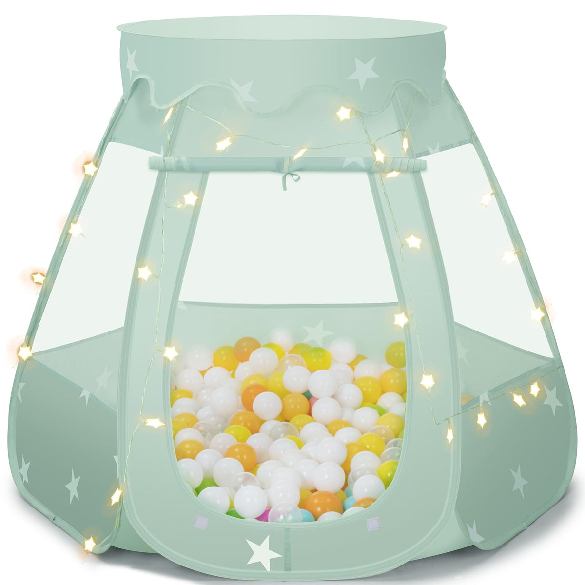GeerWest baby ball pit tent with star lights creates a cozy toddler play space.