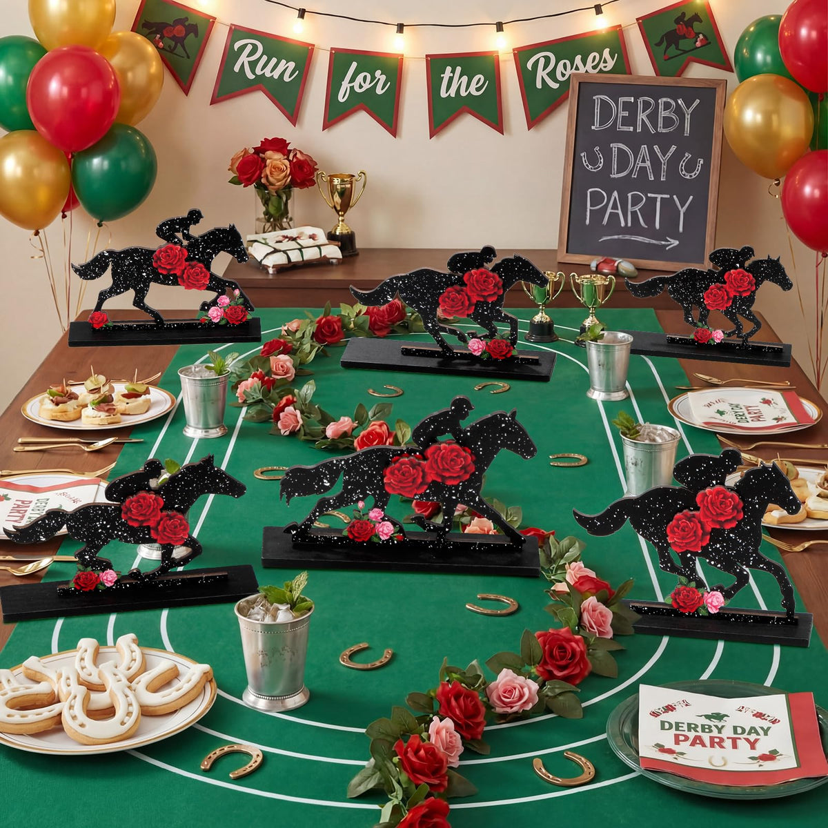 Geetery Derby centerpieces in black, red, pink and green for versatile styling.