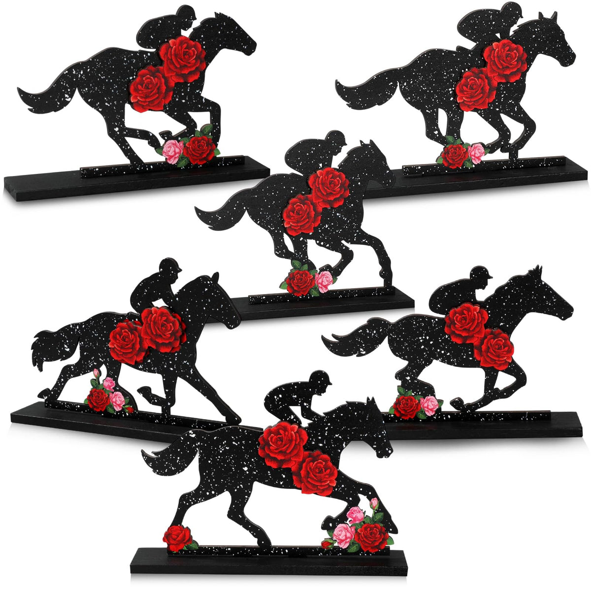 Geetery Derby table centerpiece with horse and roses for festive Derby Day decor.