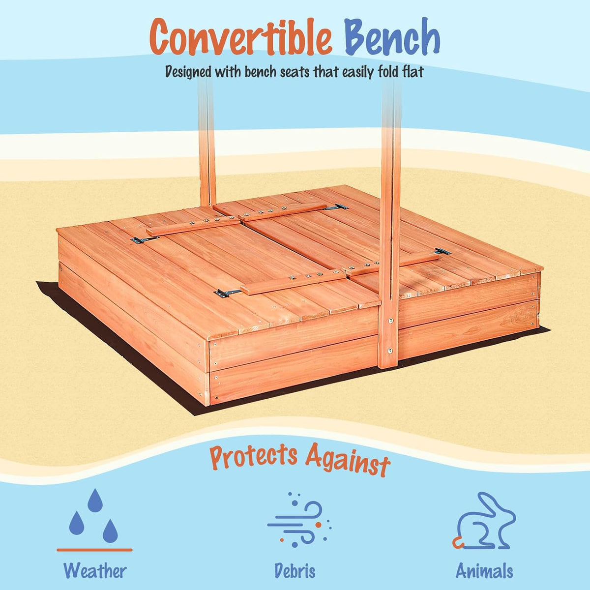 GEGURI sandbox with foldable benches for flexible seating for four kids.