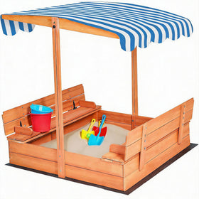 GEGURI Kids wooden sandbox with retractable roof for sun protection during play.