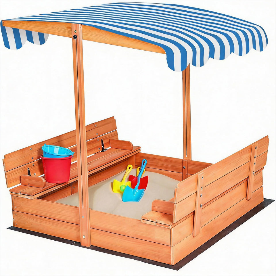 GEGURI Kids wooden sandbox with retractable roof for sun protection during play.