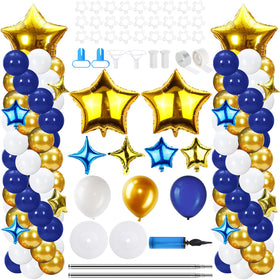 Gejoy balloon column stand assembly showcases blue and gold decor for elegant events.