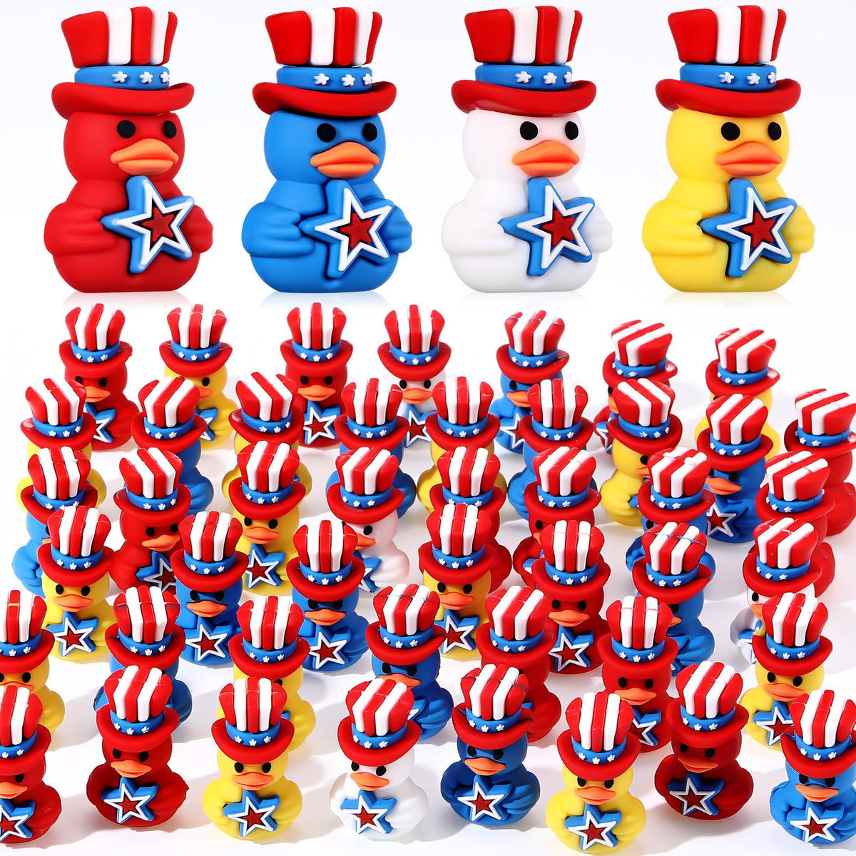 Gejoy patriotic rubber duck assortment in red white blue colors for party decor.