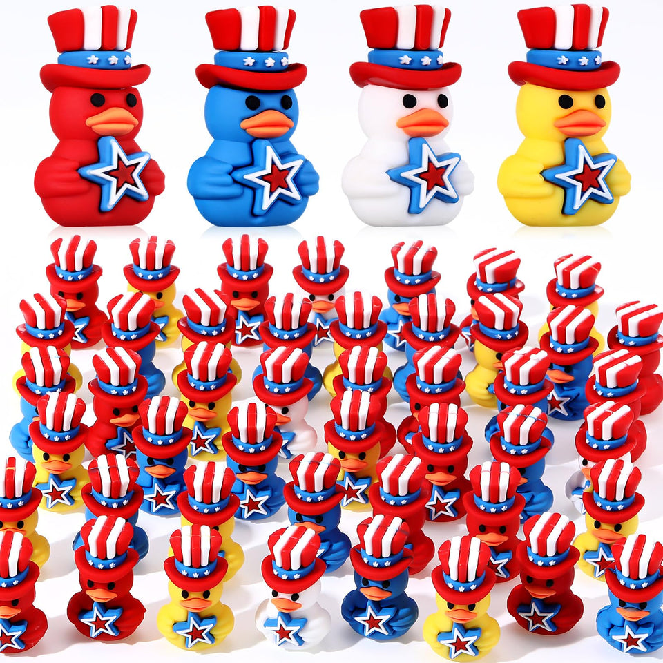 Gejoy patriotic rubber duck assortment in red white blue colors for party decor.