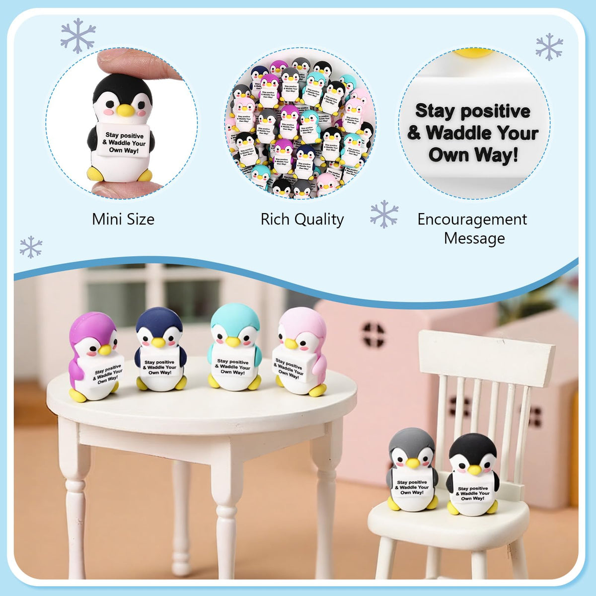 Gejoy stay positive sign penguin offers a friendly reminder at the desk